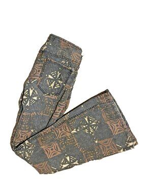 Free People Tribal Aztec Pull On Skinny Brown BOHO Pants SZ 25 Low Rise Festival